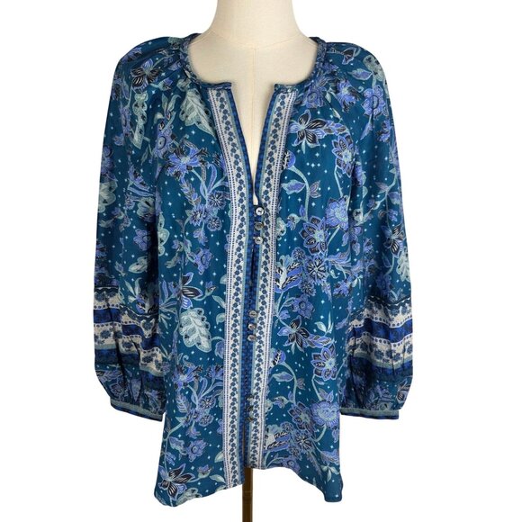 NWT! Sundance Arvilla Blue Floral Silk Cotton Blouse Small Balloon Sleeves Boho - Picture 2 of 11
